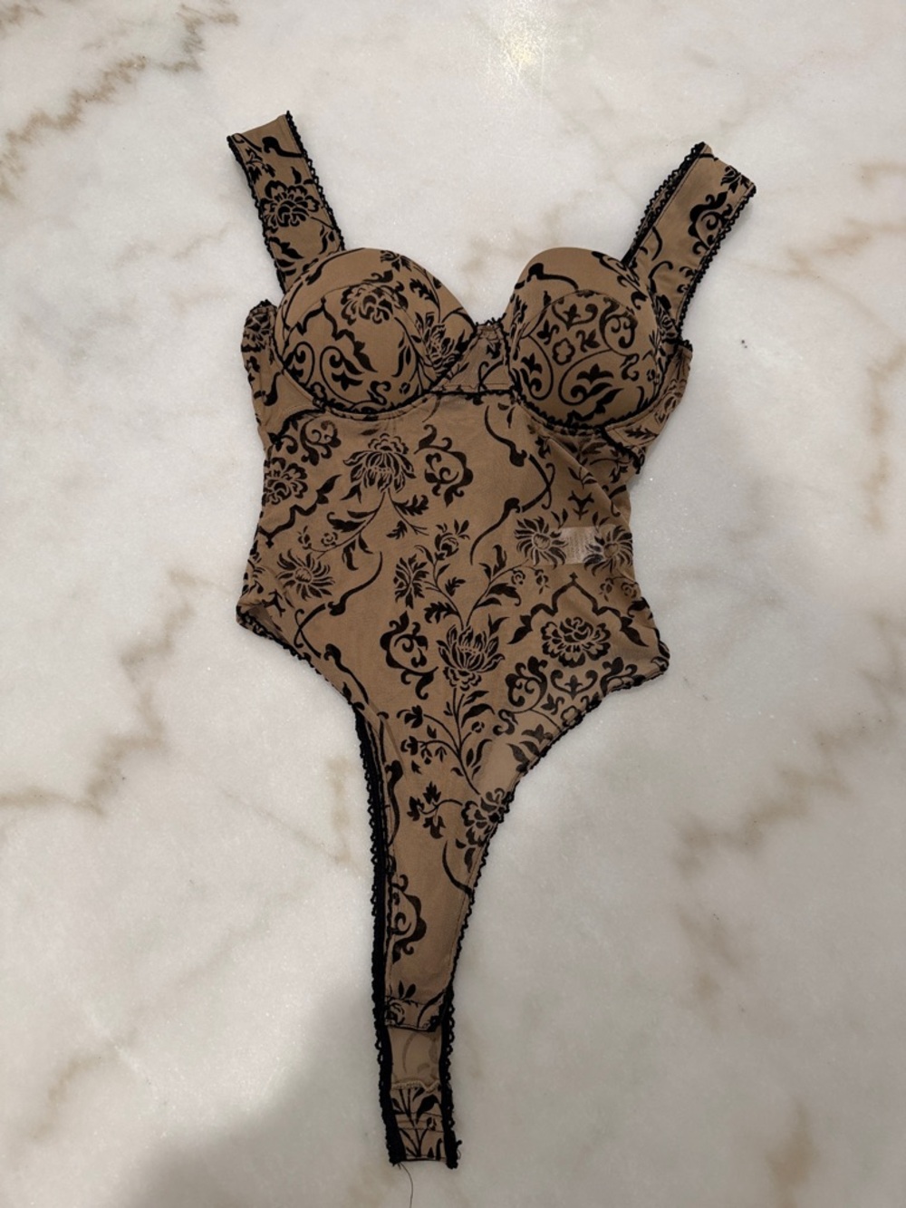 Windsor Beige and Black Floral Lace-Trim Bodysuit
